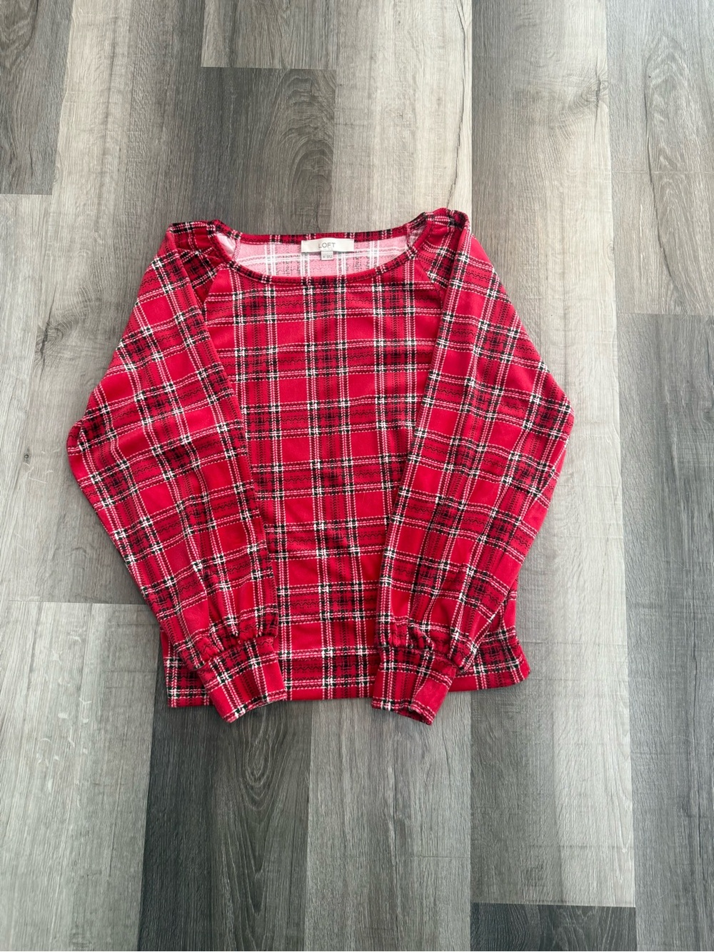 LOFT Red Plaid Long Sleeve Top with Elastic Cuffs
